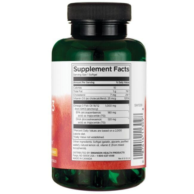 (SW1309)Swanson Omega-3 Fish Oil with Vitamin D - Lemon Flavored 1,000 mg 60 Sgels