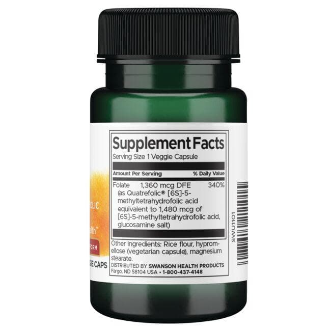 (SWU1101)Swanson Folate 5-Methyltetrahydrofolic Acid-Higher Potency, Bioactive Form 1,360 mcg Dfe 30 Vegan Caps